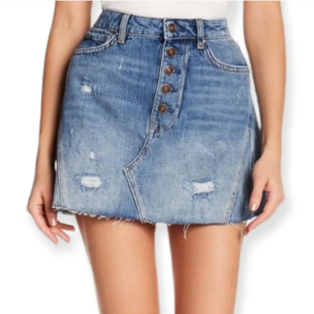 We the Free Denim Mini Skirt Distressed Button Fly - Picture 3 of 15